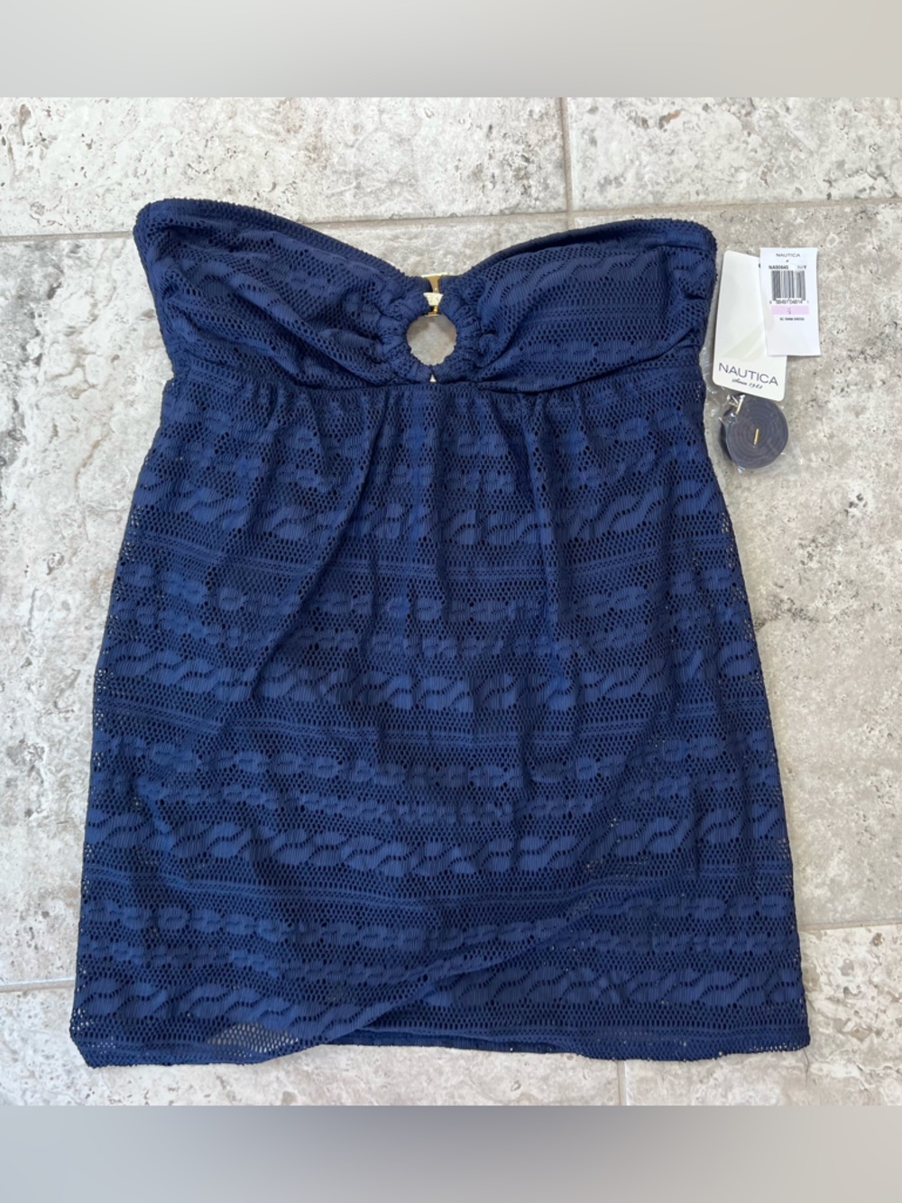 Nautica NWT One-Piece Crochet SC Strapless Swim Dress in Navy Blue, size 6